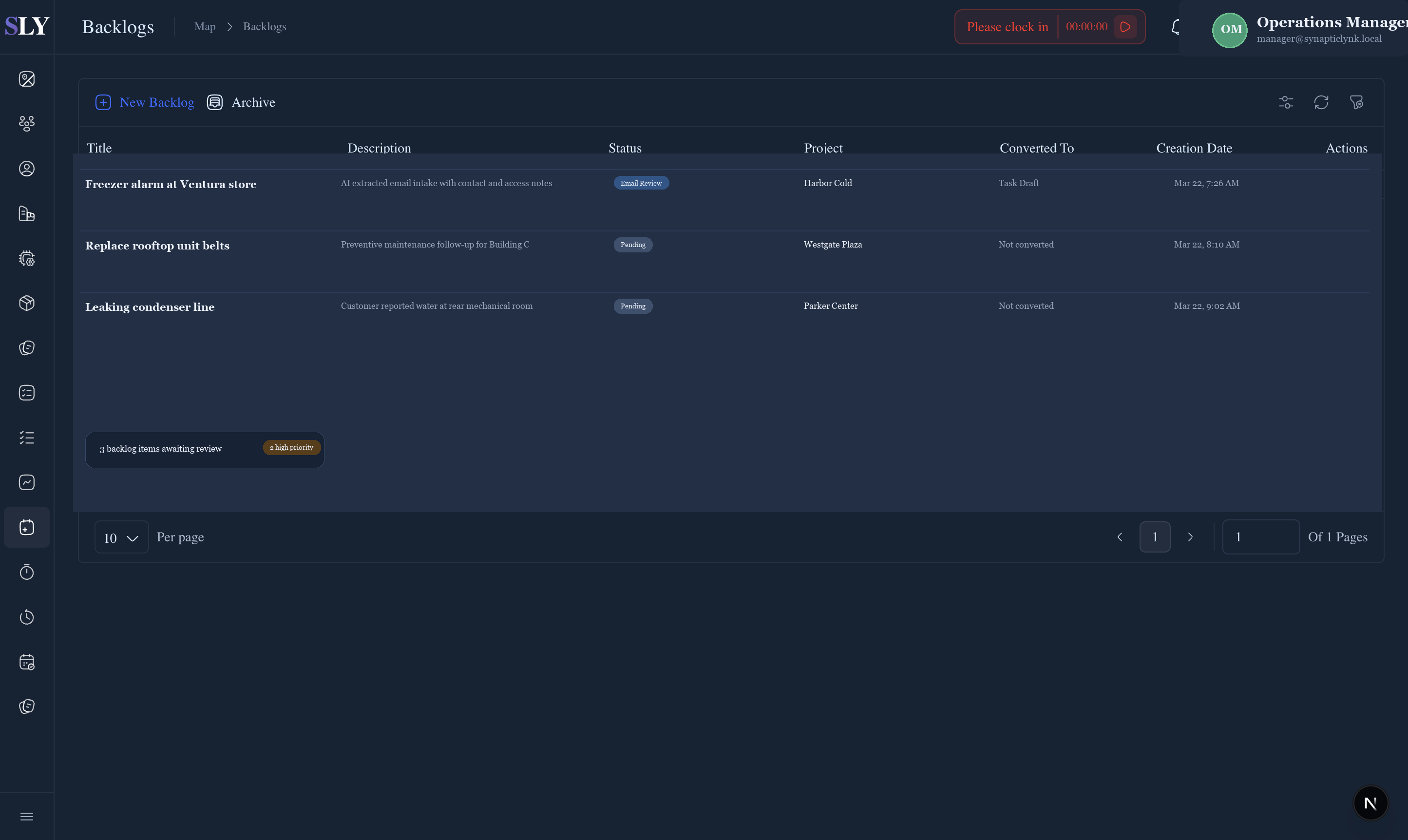 SynapticLYnk contractor backlog workspace screenshot